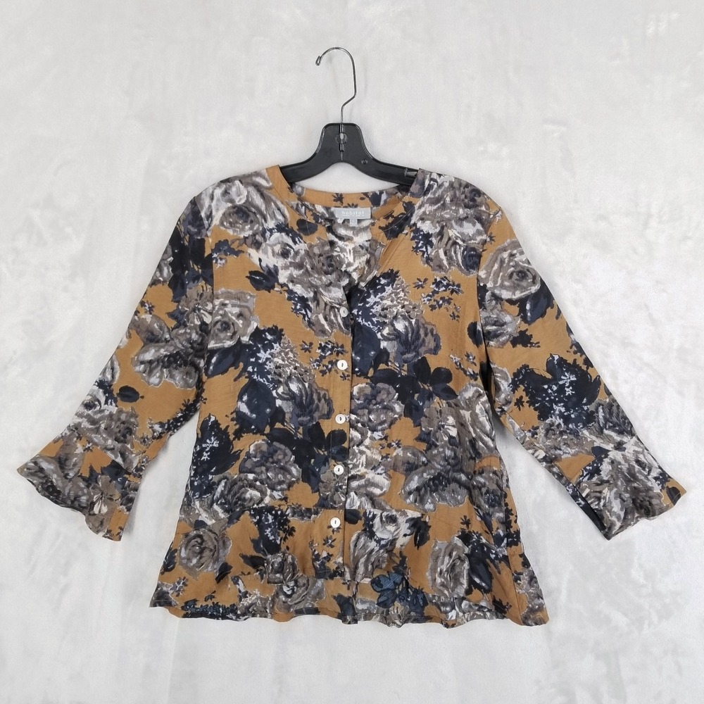 Habitat Blouse Women Small Brown Floral Peplum Lagenlook Lightweight Flowy - Picture 1 of 9